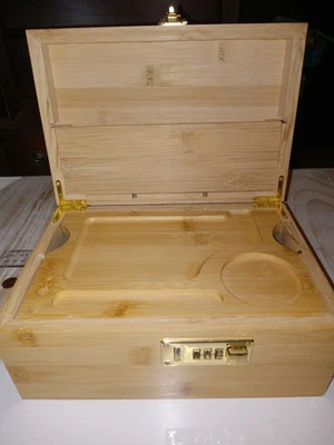 Bamboo Stash Box w/Combination Lock Smell Proof Organizer Set with Movable Tray - Image 1 of 4