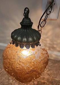 VTG Mid Century Amber Glass Swag Lamp Grape Leaves Pattern Hanging 14" - Picture 1 of 8