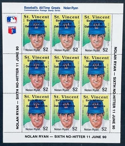ST VINCENT NOLAN RYAN ACHIEVEMENTS STAMPS 1990 MNH 6TH NO HITTER O/P BASEBALL - Picture 1 of 1