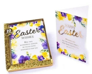 Pack of 10 Mixed Easter Cards 2 Designs - Purple Yellow Flowers with Gold Foil - Picture 1 of 1
