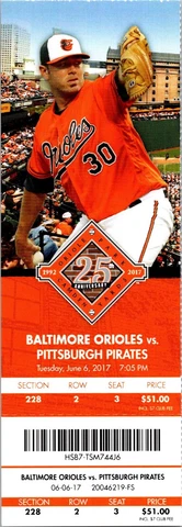TICKET - Baltimore Orioles vs Pittsburgh Pirates (June 6 2017) Chris Tillman Cover