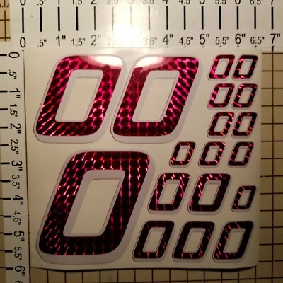 Prismatic Red w/ White  #0's  Racing Numbers Vinyl Decal Sheet 1/10-1/12 r/c car - Image 1 of 4