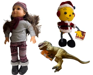 Vintage bambola Lotus bruna e T-Rex dinosauro Disney Babbo Natale ape peluche set compleanno - Foto 1 di 10