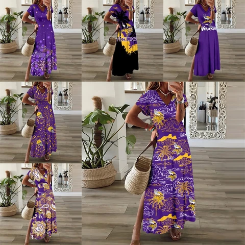 Minnesota Vikings Lady High Slit Summer Beach Dress Short Sleeve Long Sundresses Cover