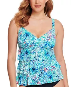 Swim Solutions Women's Printed Tiered Tankini Top in Light Blue Size 8 NWT - Picture 1 of 2