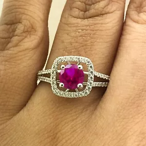 DEAL! 0.97 Ct Lab Created Pink Ruby and Genuine Diamond Wedding Ring 14K Gold - Picture 1 of 12