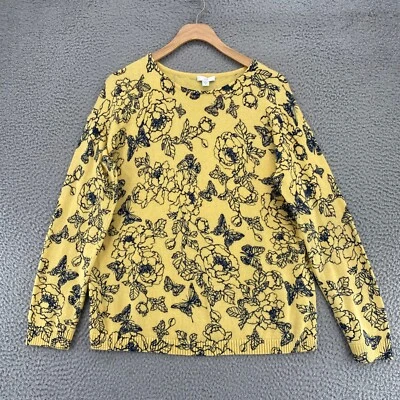 J Jill Sweater Womens Medium Yellow Navy Butterfly Floral Stretch Knit Pullover - Image 1 of 4