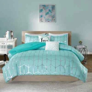 Intelligent Design Comforter Set King/Cal King Metallic Print 5-Pcs Aqua/Silver - Picture 1 of 6
