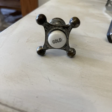 Antique Vintage Cold Water Faucet Tap Knob Metal with Porcelain Insert Cover