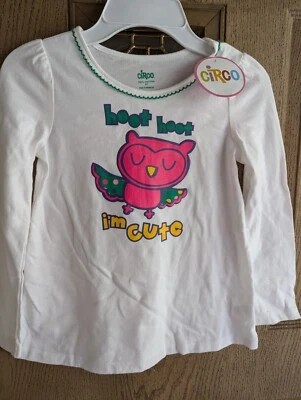 Circo 女孩 5T 白色长袖衬衫粉色猫头鹰 Hoot Hoot I'm 可爱全新带标签 — 第 1/4 张图片
