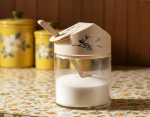 VINTAGE GEMCO Glass Sugar Dispenser Tan Floral Flip Top Lid w/ Original Spoon - Picture 1 of 10