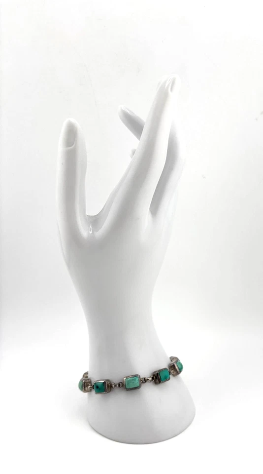 Vintage Sterling Silver 925 Rectangular Turquoise Link Toggle Clasp Bracelet 7.5 - Image 1 of 4