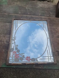 Vintage Retro 70s Braddell Enterprises Bamboo Frame Mirror Hand Printed Flowers - Picture 1 of 11