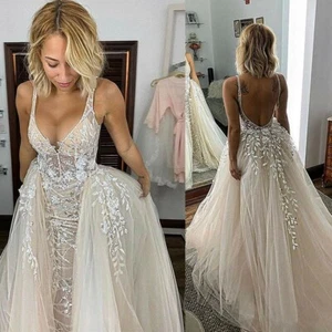 Champagne V Neck Lace Wedding Dresses with Detachable Train Backless Bridal Gown - Picture 1 of 8