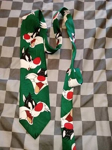 VTG Sylvester Looney Tunes Mens Neck Tie 1993 Warner Bros Green Red Black - Picture 1 of 5