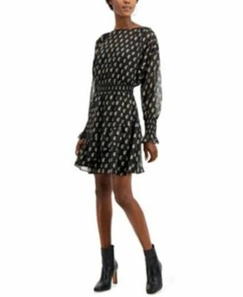 Inc Pierretta Paisley Black Lined Ruffled Mini Dress Size XL Long Sleeve At20
