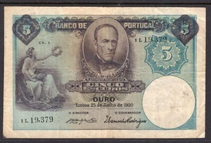 PORTUGAL-KR.114 1920  5  ESCUDOS OURO (GOLD) BANKNOTE DATED  6-25-20 - Picture 1 of 2