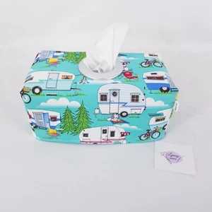 Tissue Box Cover Handmade Teal Blue Caravan Print Glitter Silver Circle Opening - Picture 1 of 11