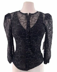 LINI Madison Top Blouse Black Silver Lace Puff Sleeve Womens S Whimsygoth Witchy - Picture 1 of 8