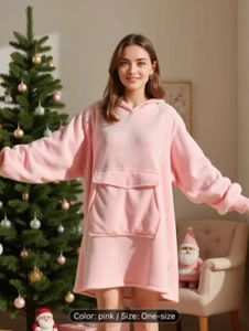 comfy sherpa pink  wearable blanket oversized cozy lounge fleece blanket  hoodie - Picture 1 of 6