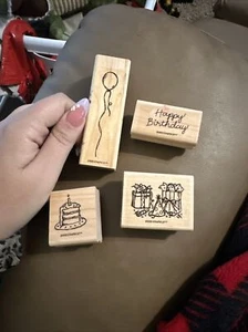 Stampin Up 1998 Happy Birthday Wooden Stamps Set Of 4 - Picture 1 of 5