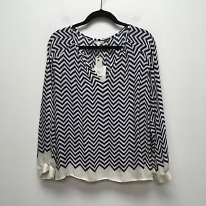 Joie Womens Dark Navy White Agnella Chevron Silk Split Neck Long Sleeve Top L - Picture 1 of 10