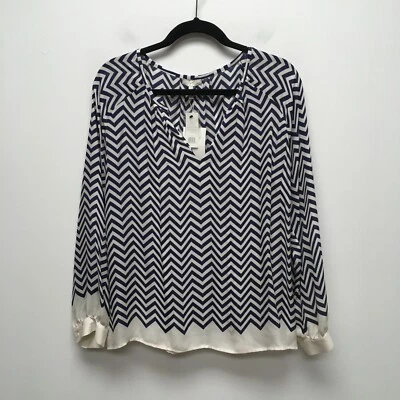 Joie Womens Dark Navy White Agnella Chevron Silk Split Neck Long Sleeve Top L - Image 1 of 4