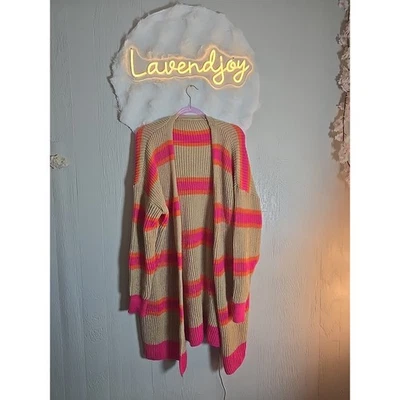 Grandpacore Duster Plus Size Pink Camel Striped Open Cardigan Sweater - Image 1 of 4
