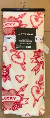 NEW! Lucky Brand White & Red Heart Print Plush Reversible Faux Fur Throw 50”x70” - Image 1 of 4