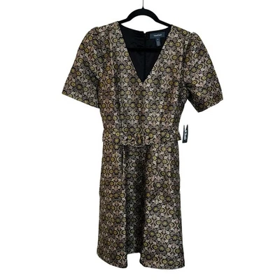 ModCloth Metallic Brocade Fit & Flare Dress Size 8 Black Gold Geometric NEW - Image 1 of 4