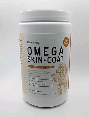 CHEW + HEAL LABS Chew + Heal OMEGA SKIN + COAT 180 Soft Chews Fatty Acids NEW For Dogs & Cats