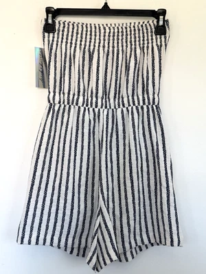 Azul | Pantalones Cortos Mameluco Rayas Blancas Calado con Bolsillos y Cintura Ajustable Talla S Foto 1 de 4