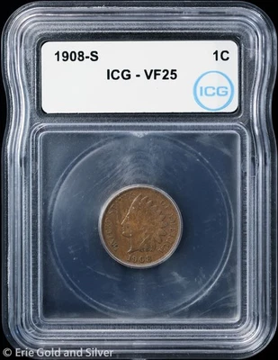 1908-S 1C Indian Head Cent ICG VF 25 - Image 1 of 4