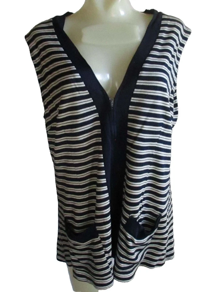 Large Vintage Womens Vest Top 70s Slinky Striped Mod Granny Zip-Up Frock Blue L - Image 1 of 4