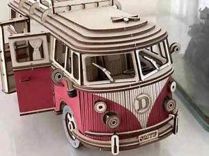 DIY Wooden Puzzle Vintage Volkswagen Campervan Model Kit, Red - Picture 1 of 6