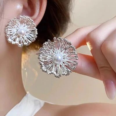 Große Blume Ohrstecker 925 Silber Perle Ohrringe Minimalistisch Schmuck Vintage - Bild 1 von 4