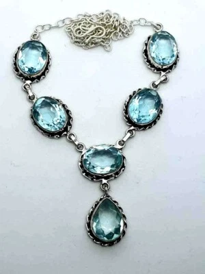 Pretty Blue Topaz Silver Overlay Handmade Gemstone Necklace New 21" Adjustable - Image 1 of 3