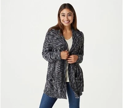 LOGO by Lori Goldstein Eyelash Sweater Cardigan, Black  XX-Small A385061 - Изображение 1 из 4