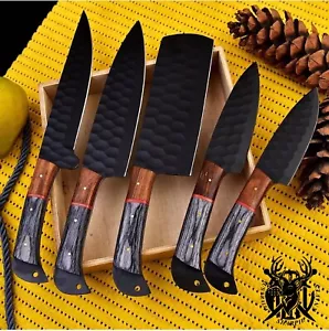 Hand forged carbon steel black coated chef knife set of 5pcs with leather Roll - Picture 1 of 3