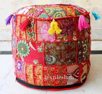 Indian Red Bohemian Pouf Ottoman Stool Floor Pillow Chair Pouffe Home Decorative - Image 1 of 4