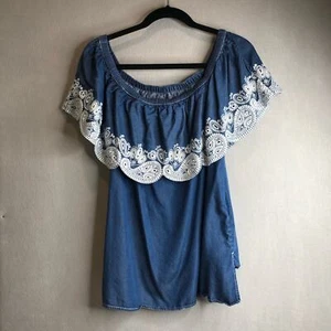 DKNY Off the Shoulder Sleeveless White Lace Blue Blouse Womens Size Small - Picture 1 of 7