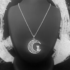 Unisex Trendy Silver Cute Cat On Moon Pendant Necklace Jewellery Gift UK