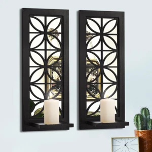 Wall Mirrored Candle Sconces Set of 2, Decorative Wooden Candle Holder, Rustic C - Picture 1 of 3