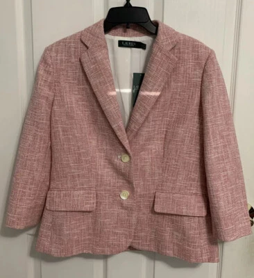 Lauren Ralph Lauren strukturierter Baumwollmischung Kavaj rosa weiß Strick Crop Blazer $ 245 - Bild 1 von 4