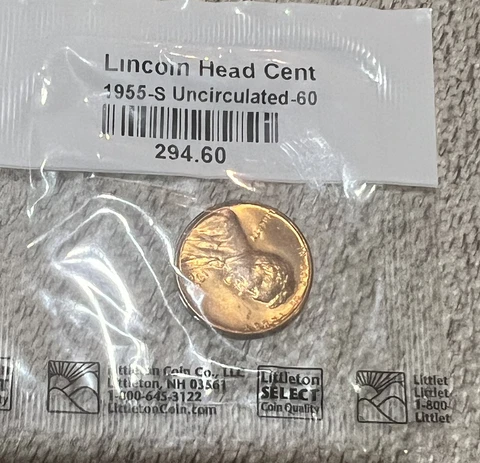 NEW 1955-S / Uncirculated / Lincoln Wheat PENNY / Littleton / 1 CENT + 5 Wheats Cover