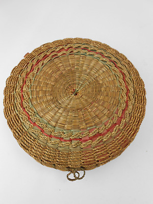 Antique/Vintage Chinese Wicker Round Sewing Basket Multi Colored Slats Inside • 34.96$