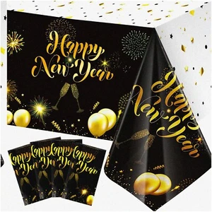 Glittering Gold & Black Happy New Year Table Cloth - 4-Piece Disposable Plastic - Picture 1 of 7