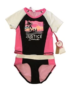 Justice Girls' S/P Short Sleeve Swimsuit Rash Set UPF 50+ Pink Black White Beach - Picture 1 of 6
