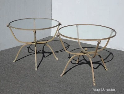 Pair Vintage Italian Mid Century Bronze Rams Head & Hoof Feet Side End Tables - Image 1 of 4