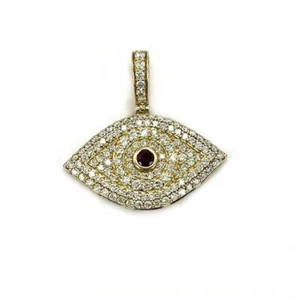14K Yellow Gold Evil Eye Pendant 1.75 CTW Diamond Ruby Center 5.64g Charm - Picture 1 of 5